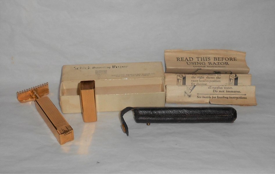Schick Type C Repeating Razor 1926-1935 Refurbished Replated 24 Karat Gold W 5 Blades Loaded (...JPG