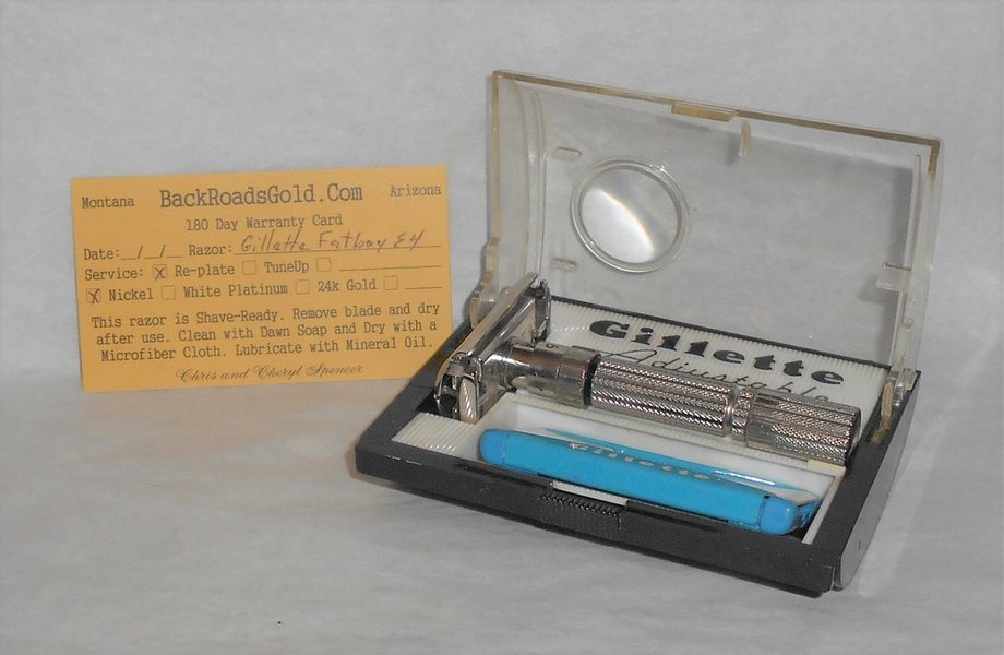 Gillette 1959 Fat Boy Razor W Case Blades Refurbished Replated Mirror Nickel E4–0X (89).JPG Gillette 1959 Fat Boy Razor W Case Blades Refurbished Replated Mirror Nickel E4–0X (89).JPG