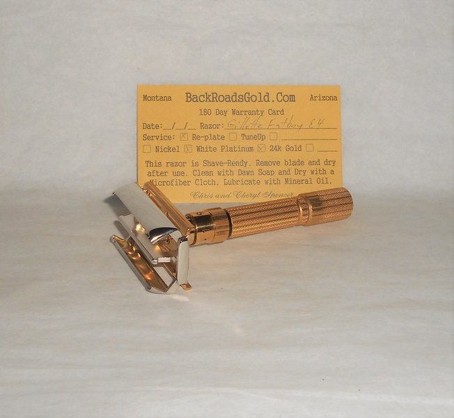 Gillette Fat Boy Razor 1959 TTO Adjustable Refurbished Replated 24 Karat Gold White Platinum (...JPG