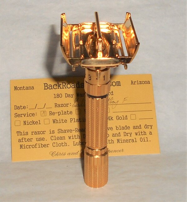 Gillette Fat Boy Razor 1960 Adjustable Refurbished Replated 24 Karat Gold F3–18 (53).JPG