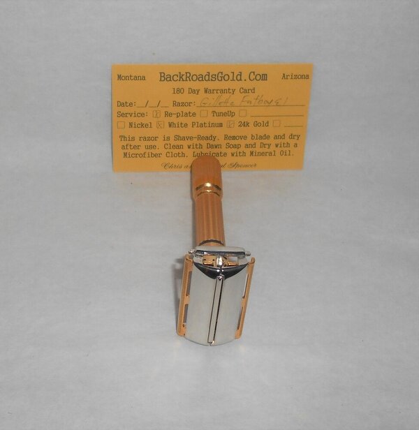 Gillette 1959 Fat Boy Razor E1 Refurbished Replated 24 Karat Gold WhitePlatinum E1–47B (3).JPG Gillette 1959 Fat Boy Razor E1 Refurbished Replated 24 Karat Gold WhitePlatinum E1–47B (3).JPG