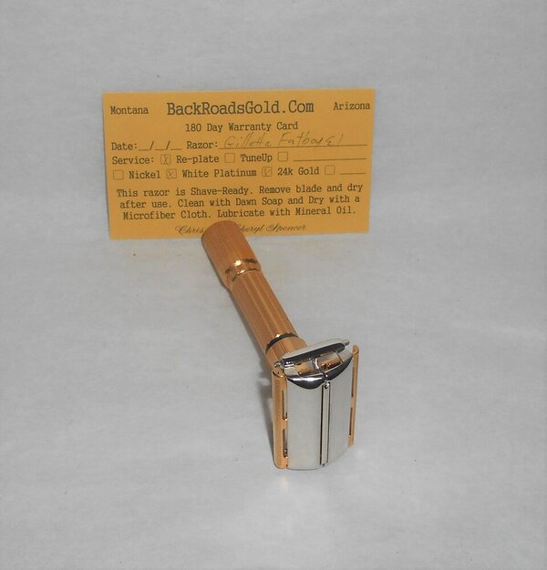 Gillette 1959 Fat Boy Razor E1 Refurbished Replated 24 Karat Gold WhitePlatinum E1–47B (7).JPG Gillette 1959 Fat Boy Razor E1 Refurbished Replated 24 Karat Gold WhitePlatinum E1–47B (7).JPG