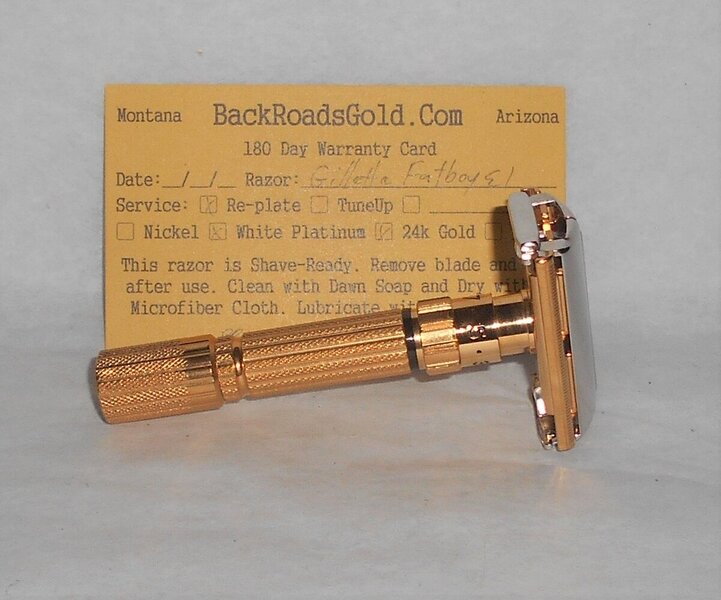 Gillette 1959 Fat Boy Razor E1 Refurbished Replated 24 Karat Gold WhitePlatinum E1–47B (16).JPG Gillette 1959 Fat Boy Razor E1 Refurbished Replated 24 Karat Gold WhitePlatinum E1–47B (16).JPG