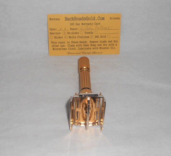 Gillette 1959 Fat Boy Razor E1 Refurbished Replated 24 Karat Gold WhitePlatinum E1–47B (34).JPG Gillette 1959 Fat Boy Razor E1 Refurbished Replated 24 Karat Gold WhitePlatinum E1–47B (34).JPG