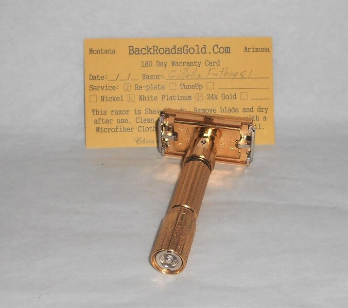 Gillette 1959 Fat Boy Razor E1 Refurbished Replated 24 Karat Gold WhitePlatinum E1–47B (54).JPG Gillette 1959 Fat Boy Razor E1 Refurbished Replated 24 Karat Gold WhitePlatinum E1–47B (54).JPG