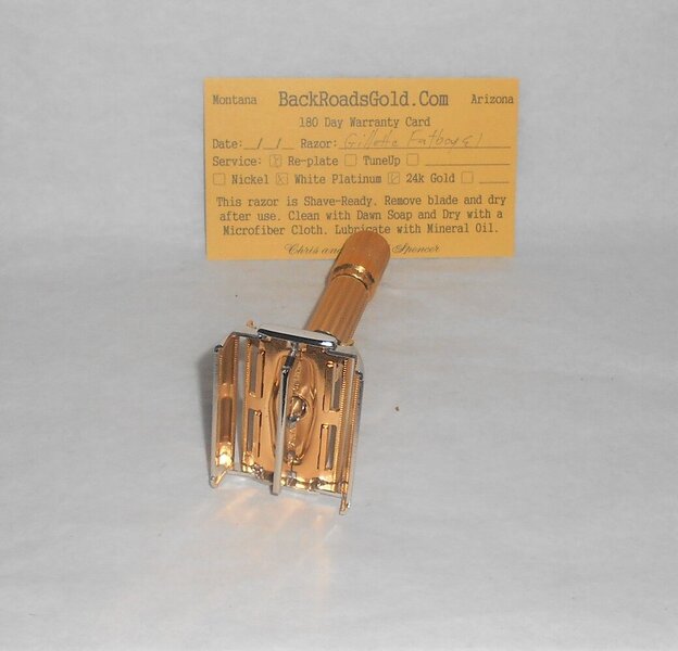Gillette 1959 Fat Boy Razor E1 Refurbished Replated 24 Karat Gold WhitePlatinum E1–47B (30).JPG Gillette 1959 Fat Boy Razor E1 Refurbished Replated 24 Karat Gold WhitePlatinum E1–47B (30).JPG