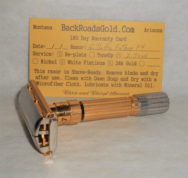 Gillette Fat Boy Razor Adjustable Refurbished Replated 24 Karat Gold White Platinum F4–99 (1).JPG Gillette Fat Boy Razor Adjustable Refurbished Replated 24 Karat Gold White Platinum F4–99 (1).JPG