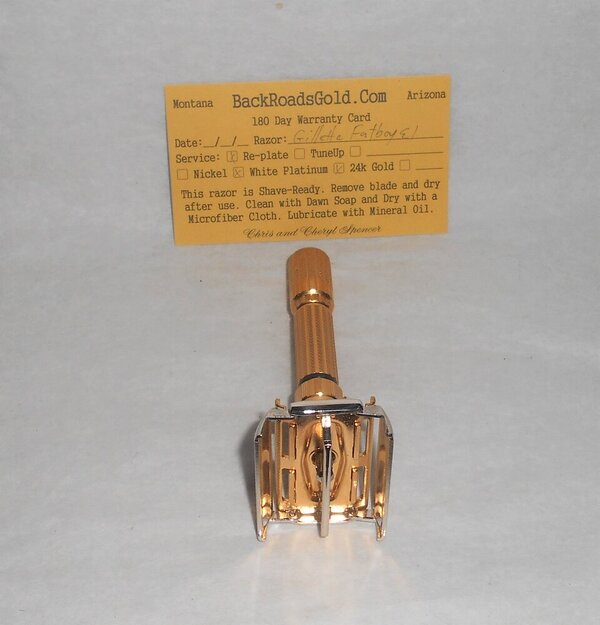 Gillette 1959 Fat Boy Razor E1 Refurbished Replated 24 Karat Gold WhitePlatinum E1–47B (33).JPG Gillette 1959 Fat Boy Razor E1 Refurbished Replated 24 Karat Gold WhitePlatinum E1–47B (33).JPG