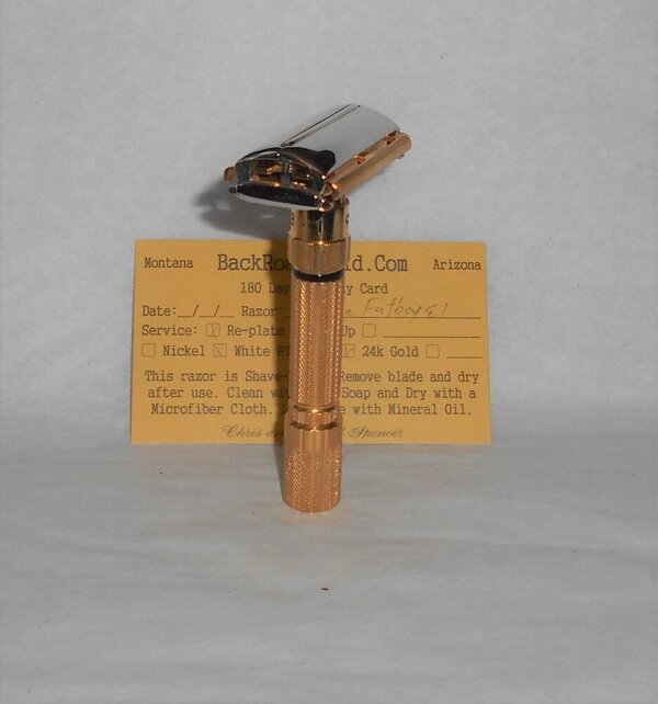 Gillette 1959 Fat Boy Razor E1 Refurbished Replated 24 Karat Gold WhitePlatinum E1–47B (48).JPG Gillette 1959 Fat Boy Razor E1 Refurbished Replated 24 Karat Gold WhitePlatinum E1–47B (48).JPG