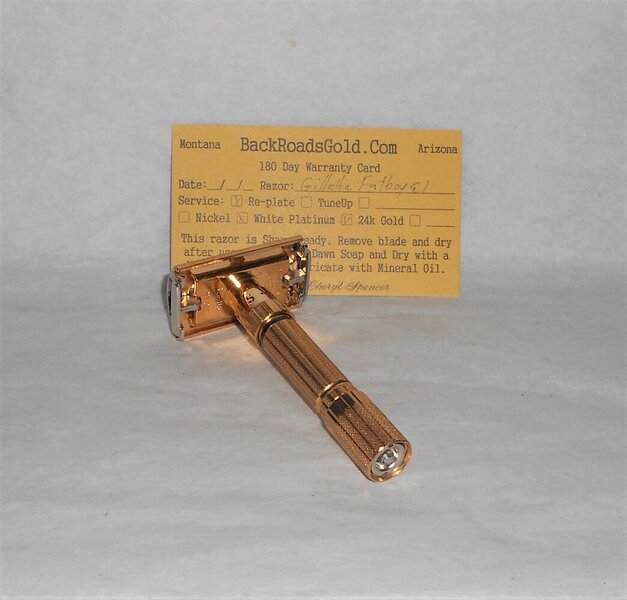 Gillette 1959 Fat Boy Razor E1 Refurbished Replated 24 Karat Gold WhitePlatinum E1–47B (51).JPG Gillette 1959 Fat Boy Razor E1 Refurbished Replated 24 Karat Gold WhitePlatinum E1–47B (51).JPG