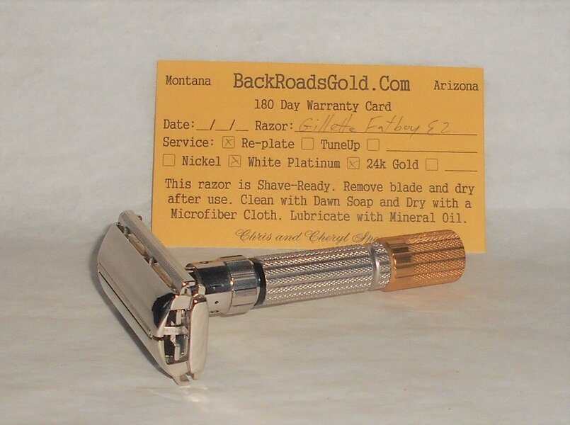Gillette 1959 Fat Boy Razor TTO Adjustable Refurbished Replated 24 Karat Gold White Platinum E...JPG