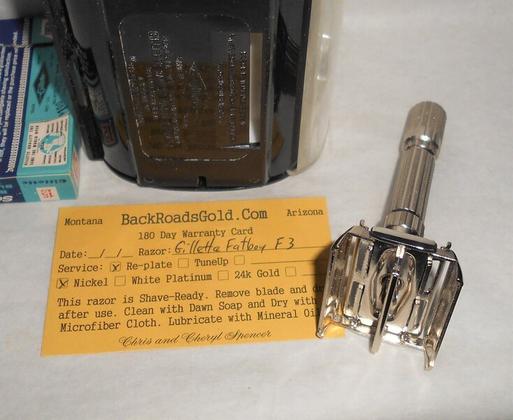 Gillette 1960 Fat Boy Razor W Case Blades Refurbished Replated Mirror Nickel F3–BB (60).JPG Gillette 1960 Fat Boy Razor W Case Blades Refurbished Replated Mirror Nickel F3–BB (60).JPG