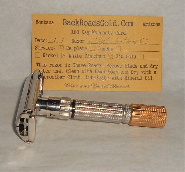 Gillette 1959 Fat Boy Razor TTO Adjustable Refurbished Replated 24 Karat Gold White Platinum E...JPG