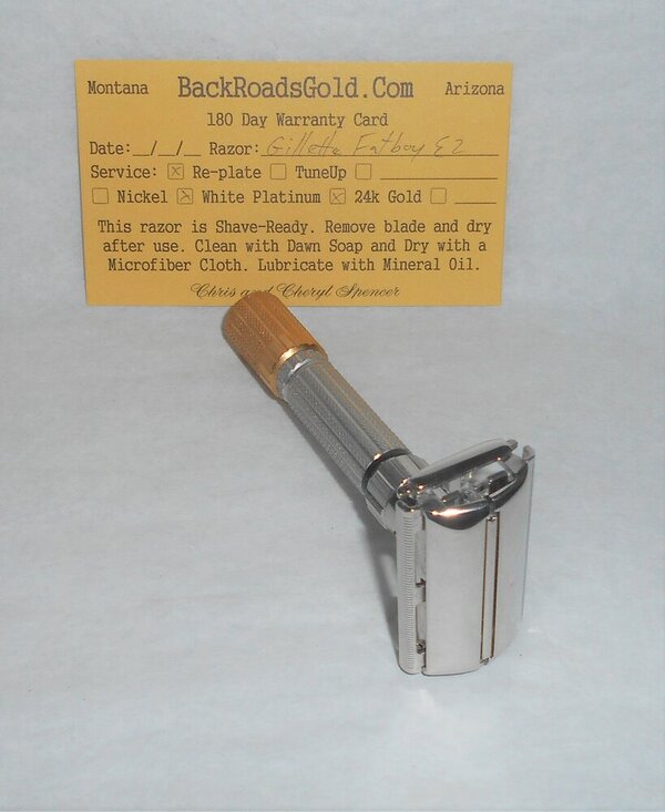 Gillette 1959 Fat Boy Razor TTO Adjustable Refurbished Replated 24 Karat Gold White Platinum E...JPG