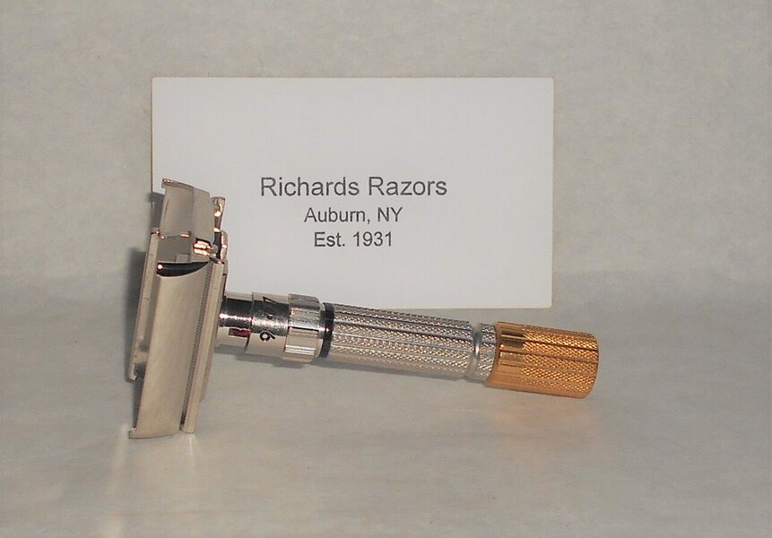 Gillette 1959 Fat Boy Razor TTO Adjustable Refurbished Replated 24 Karat Gold White Platinum E...JPG