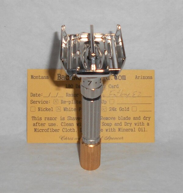 Gillette 1959 Fat Boy Razor TTO Adjustable Refurbished Replated 24 Karat Gold White Platinum E...JPG