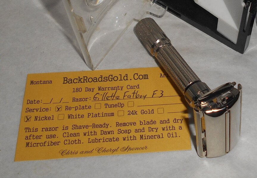 Gillette 1960 Fat Boy Razor W Case Blades Refurbished Replated Mirror Nickel F3–BB (23).JPG Gillette 1960 Fat Boy Razor W Case Blades Refurbished Replated Mirror Nickel F3–BB (23).JPG