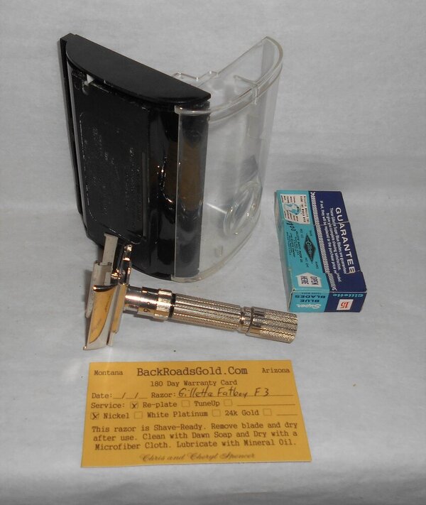 Gillette 1960 Fat Boy Razor W Case Blades Refurbished Replated Mirror Nickel F3–BB (53).JPG Gillette 1960 Fat Boy Razor W Case Blades Refurbished Replated Mirror Nickel F3–BB (53).JPG
