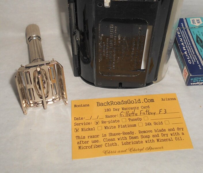 Gillette 1960 Fat Boy Razor W Case Blades Refurbished Replated Mirror Nickel F3–BB (65).JPG Gillette 1960 Fat Boy Razor W Case Blades Refurbished Replated Mirror Nickel F3–BB (65).JPG