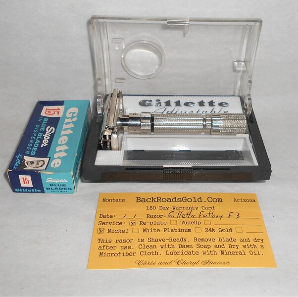 Gillette 1960 Fat Boy Razor W Case Blades Refurbished Replated Mirror Nickel F3–BB (2).JPG Gillette 1960 Fat Boy Razor W Case Blades Refurbished Replated Mirror Nickel F3–BB (2).JPG