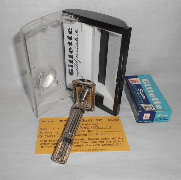 Gillette 1960 Fat Boy Razor W Case Blades Refurbished Replated Mirror Nickel F3–BB (36).JPG Gillette 1960 Fat Boy Razor W Case Blades Refurbished Replated Mirror Nickel F3–BB (36).JPG