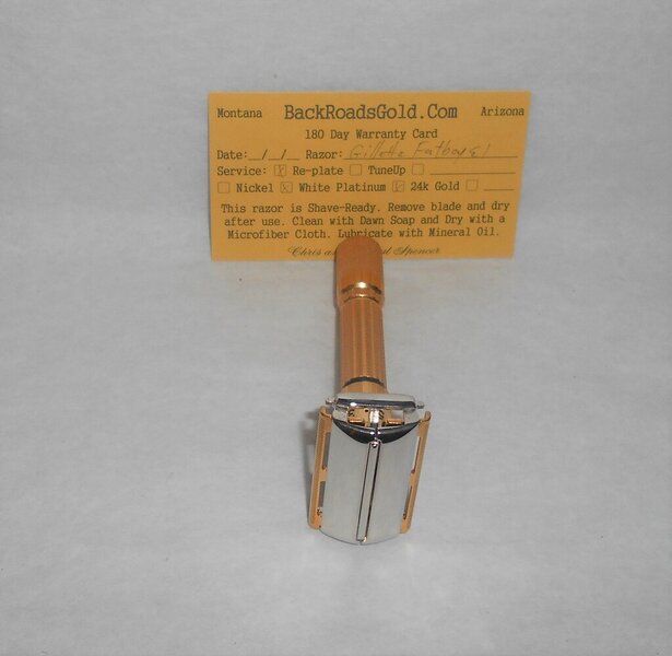 Gillette 1959 Fat Boy Razor E1 Refurbished Replated 24 Karat Gold WhitePlatinum E1–47B (2).JPG Gillette 1959 Fat Boy Razor E1 Refurbished Replated 24 Karat Gold WhitePlatinum E1–47B (2).JPG