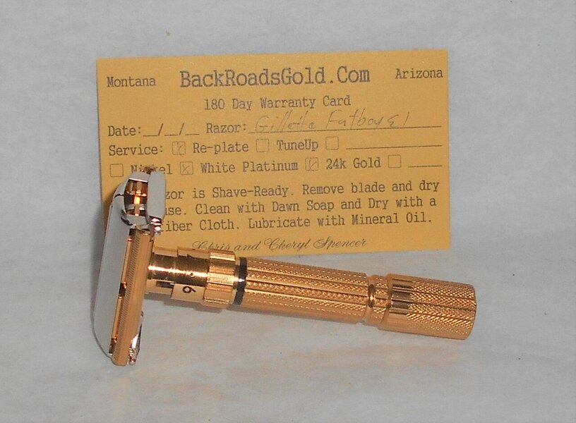 Gillette 1959 Fat Boy Razor E1 Refurbished Replated 24 Karat Gold WhitePlatinum E1–47B (8).JPG Gillette 1959 Fat Boy Razor E1 Refurbished Replated 24 Karat Gold WhitePlatinum E1–47B (8).JPG