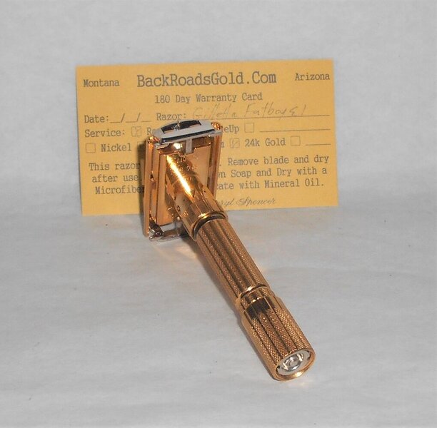 Gillette 1959 Fat Boy Razor E1 Refurbished Replated 24 Karat Gold WhitePlatinum E1–47B (10).JPG Gillette 1959 Fat Boy Razor E1 Refurbished Replated 24 Karat Gold WhitePlatinum E1–47B (10).JPG