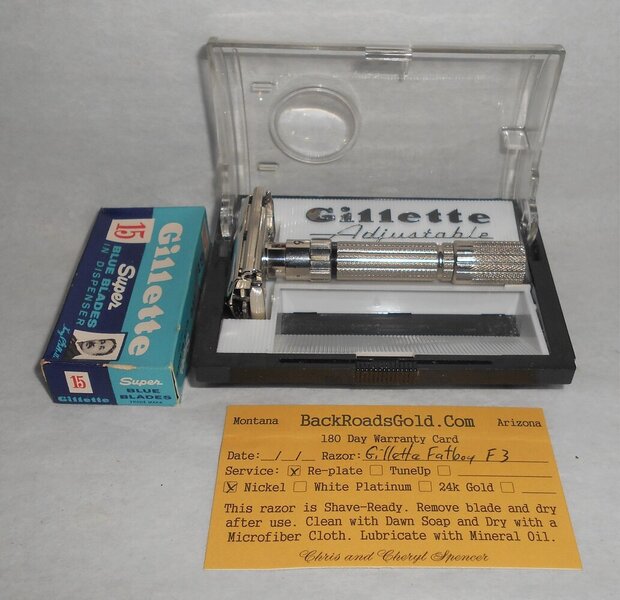 Gillette 1960 Fat Boy Razor W Case Blades Refurbished Replated Mirror Nickel F3–BB (3).JPG Gillette 1960 Fat Boy Razor W Case Blades Refurbished Replated Mirror Nickel F3–BB (3).JPG