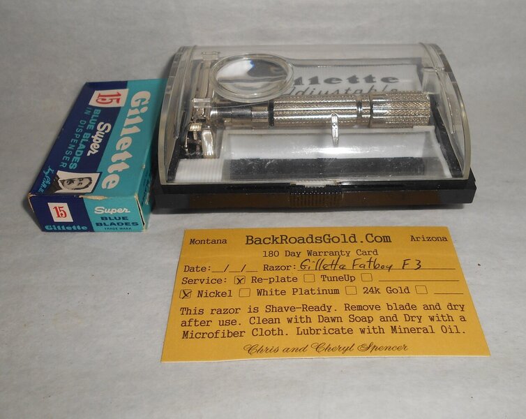 Gillette 1960 Fat Boy Razor W Case Blades Refurbished Replated Mirror Nickel F3–BB (8).JPG Gillette 1960 Fat Boy Razor W Case Blades Refurbished Replated Mirror Nickel F3–BB (8).JPG