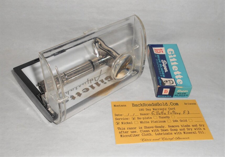 Gillette 1960 Fat Boy Razor W Case Blades Refurbished Replated Mirror Nickel F3–BB (17).JPG Gillette 1960 Fat Boy Razor W Case Blades Refurbished Replated Mirror Nickel F3–BB (17).JPG