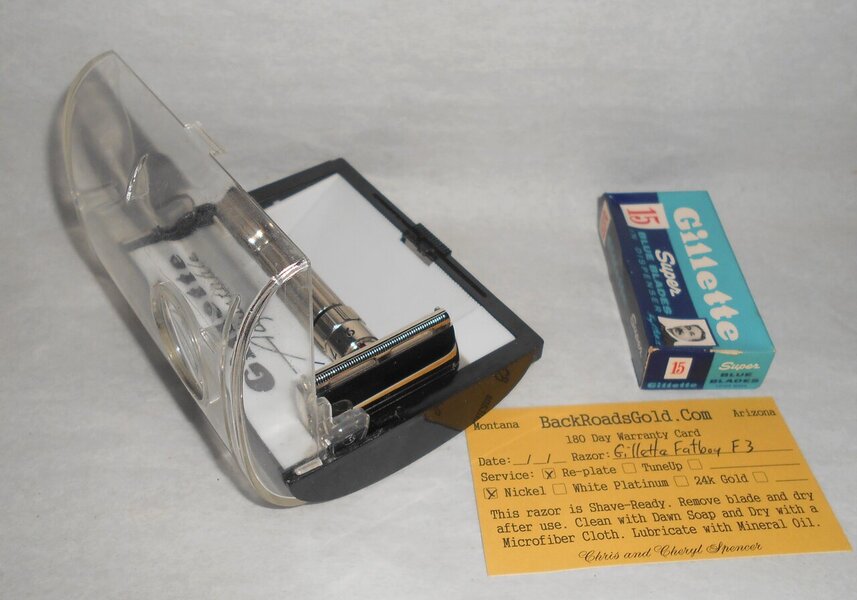 Gillette 1960 Fat Boy Razor W Case Blades Refurbished Replated Mirror Nickel F3–BB (20).JPG Gillette 1960 Fat Boy Razor W Case Blades Refurbished Replated Mirror Nickel F3–BB (20).JPG
