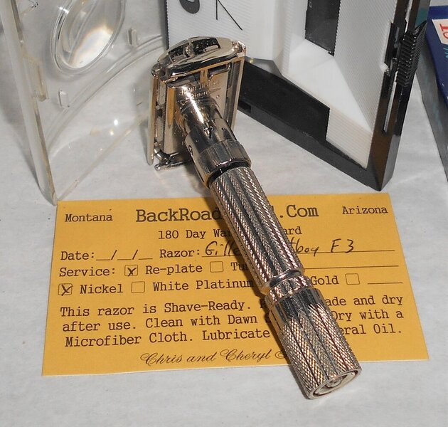 Gillette 1960 Fat Boy Razor W Case Blades Refurbished Replated Mirror Nickel F3–BB (32).JPG Gillette 1960 Fat Boy Razor W Case Blades Refurbished Replated Mirror Nickel F3–BB (32).JPG