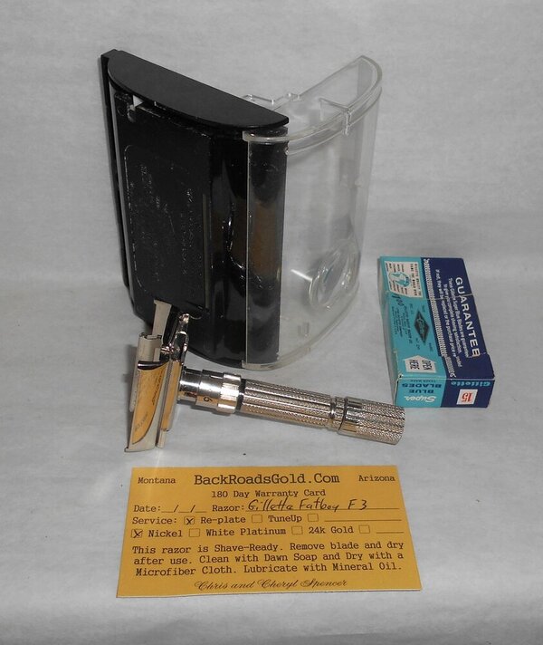 Gillette 1960 Fat Boy Razor W Case Blades Refurbished Replated Mirror Nickel F3–BB (50).JPG Gillette 1960 Fat Boy Razor W Case Blades Refurbished Replated Mirror Nickel F3–BB (50).JPG