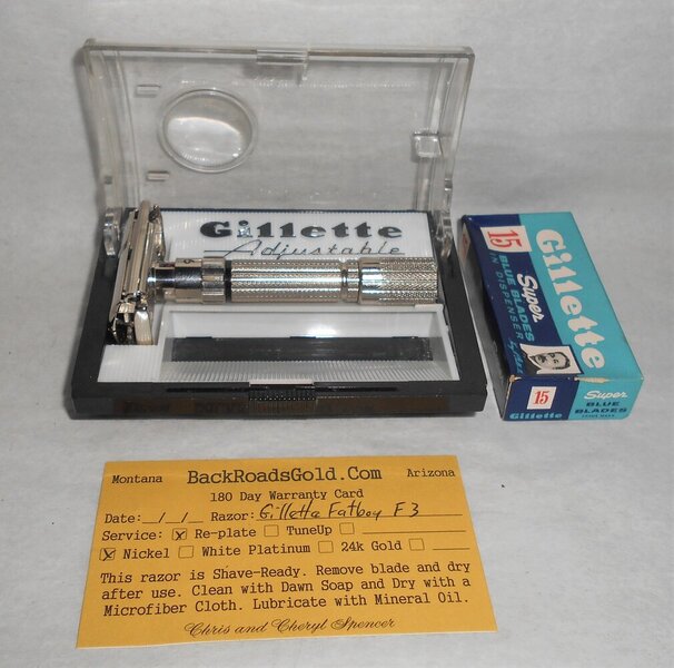 Gillette 1960 Fat Boy Razor W Case Blades Refurbished Replated Mirror Nickel F3–BB (9).JPG