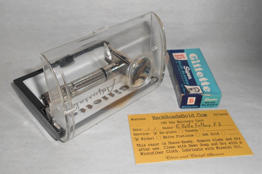 Gillette 1960 Fat Boy Razor W Case Blades Refurbished Replated Mirror Nickel F3–BB (19).JPG