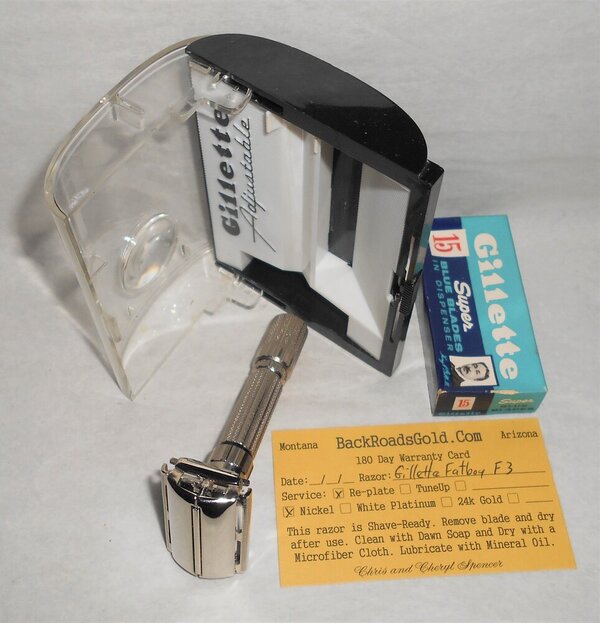 Gillette 1960 Fat Boy Razor W Case Blades Refurbished Replated Mirror Nickel F3–BB (26).JPG
