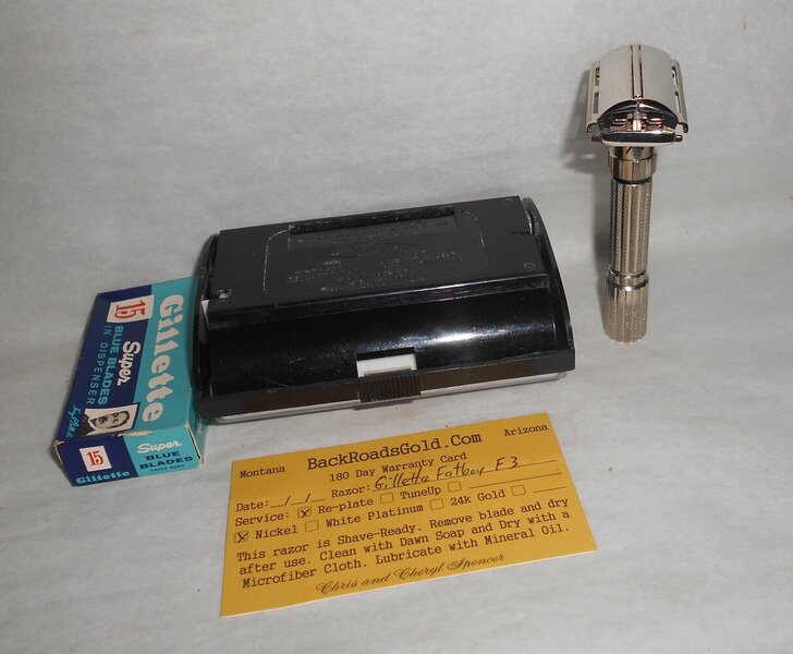 Gillette 1960 Fat Boy Razor W Case Blades Refurbished Replated Mirror Nickel F3–BB (87).JPG