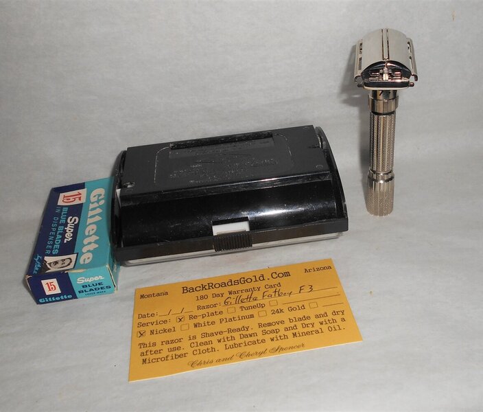 Gillette 1960 Fat Boy Razor W Case Blades Refurbished Replated Mirror Nickel F3–BB (90).JPG