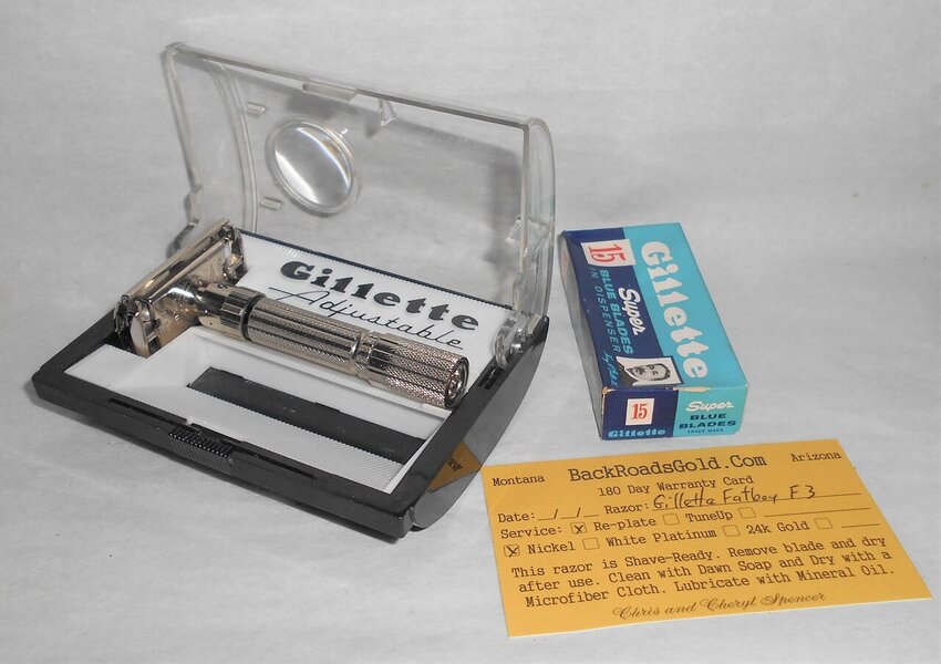 Gillette 1960 Fat Boy Razor W Case Blades Refurbished Replated Mirror Nickel F3–BB (14).JPG Gillette 1960 Fat Boy Razor W Case Blades Refurbished Replated Mirror Nickel F3–BB (14).JPG