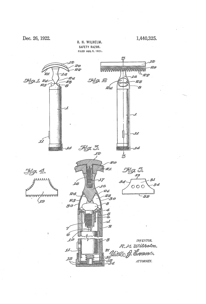 Patent drawing by Raymond H Wilhelm showing his illuminating razor.